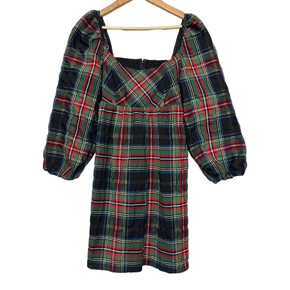 J CREW Puffed Sleeve Plaid Mini Dress Stewart Tartan Pockets Holiday Size 8 - Picture 4 of 14